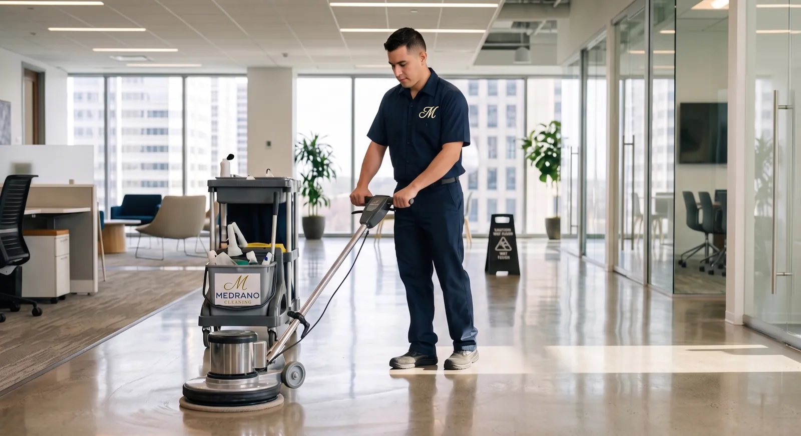 Máquina de piso puliendo un piso duro en un vestíbulo de oficinas