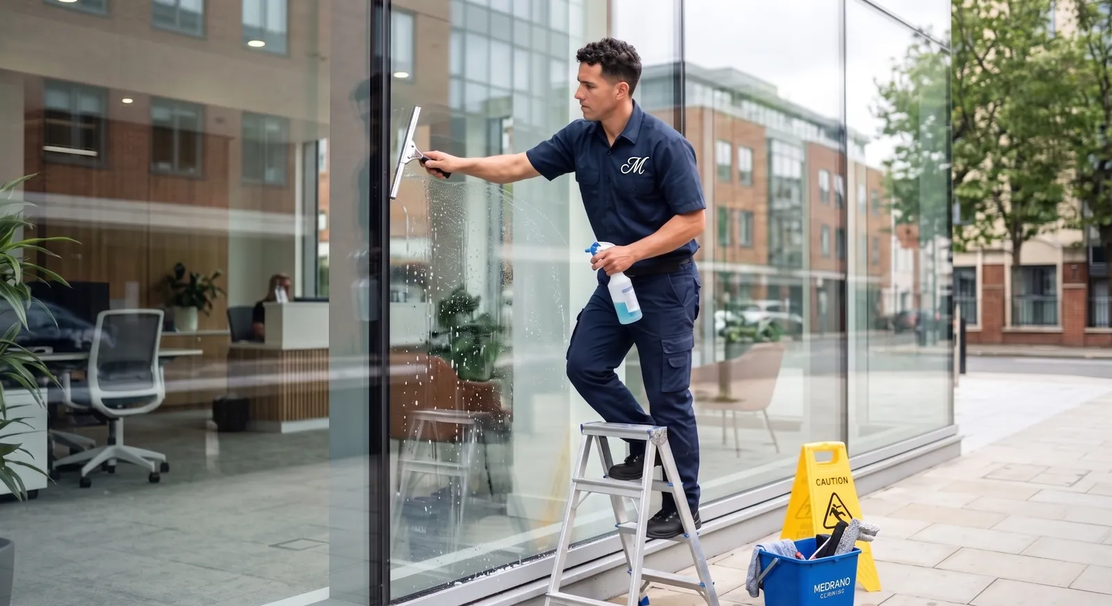 Personal limpiando vidrios de fachada desde una escalera